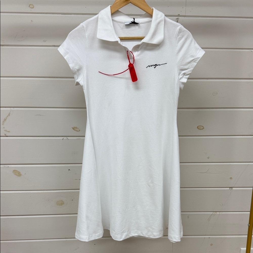 MSGM Piquet Cotton Flared Polo Dress White with Embroidered Logo NWT Kids 14